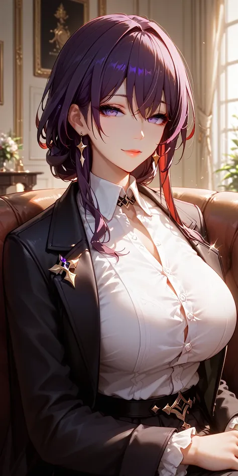 Score_9, Score_8_up, Score_7_up, Score_6_up, Score_5_up, Score_4_up, Source_anime, masterpiece, best quality, 1girl, purple hair, red hair, kafka hair, bangs, purple eyes, mature woman, perfecteyes, curvaceous, large breasts, white shirt, black jacket, sof...