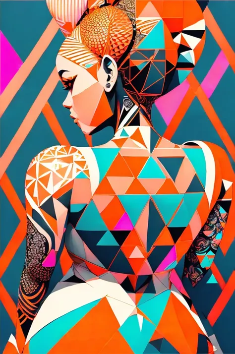 Best Quality, Super fine, 16k, Delicate and dynamic, Beautiful Womans Back , whole body,  orange updo , ( blends seamlessly into the entire back, Geometric patterns, sphere, triangle,  hidden little heart symbol , Monochrome,  Pastel Colors ,  bright color...