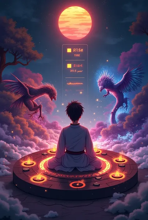 Anime-inspired illustration of the TASK SUTRA dashboard as a high-tech testing dojo. The central character, a seasoned workflow specialist, sits in a lotus position at the heart of a circular interface. Above them, the timer hovers like a digital sun, its ...