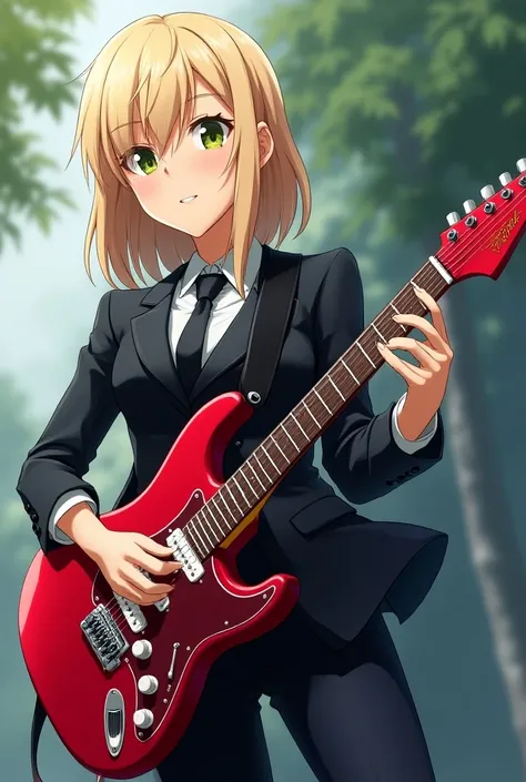 Anime woman with greenish yellowish eyes and dark blond hair with boss like clothes, playing a red colored electric guitar 
