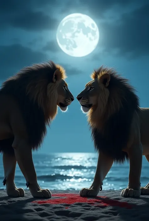 Draw a picture of lion facing each other and one is innocent and one is very rude both are needed full hair around head and are at sea shore at night full moon and sea has to touch their feet and want to clean blood around the rude lion and they have to be...