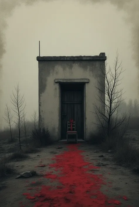 Surreal seascape, weathered building facade, lone doorway, barren trees, red ribbons, empty chair, moody atmosphere, grayscale palette with touches of red, minimalist composition, dreamlike quality, melancholy mood, textured background, symbolic imagery, d...