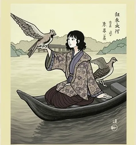  there is a painting of a woman on a boat carrying a bird,  inspired by Impression of Domoto , Inspired by Yosai Kikuchi,  Inspired by Fu Baoshi  ,  Influenced by the East in Kyogen, Inspired by Goyo Hashiguchi,  Woodcut by -e 