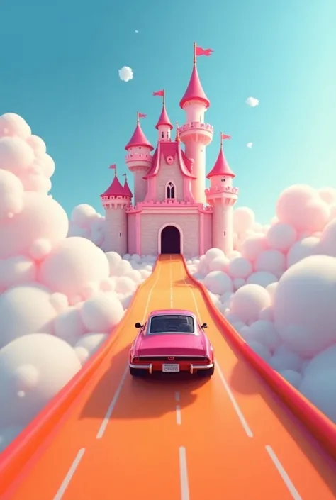 A skylike setting of a princess castle in pink and a road-like path in orange with a car coming out, Hot Wheels style at high speed 