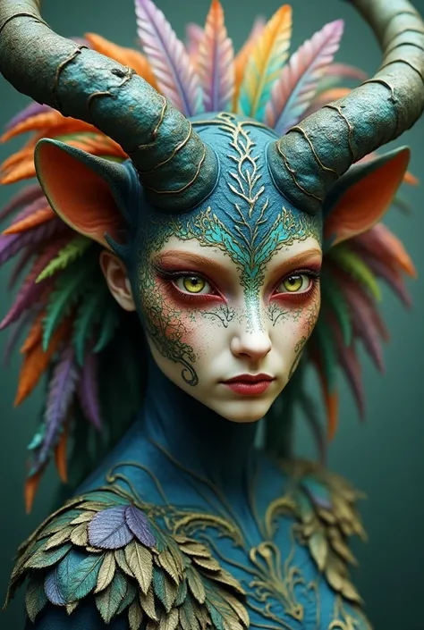 This image portrays a mesmerizing and surreal character with a fusion of nature, fantasy, and intricate details. The figure is a fantastical, mystical being, blending human and supernatural elements. The central character has a powerful, ethereal gaze, wit...