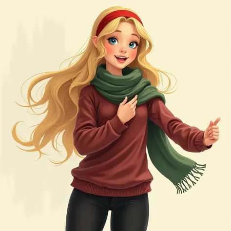 illustration, storybook art style, female, young adult woman, 19 years old, long blonde hair, blue eyes, maroon sweater, tucked in, black tight fitting pants, green wool scarf, red hairband, wearing boots, playful pose