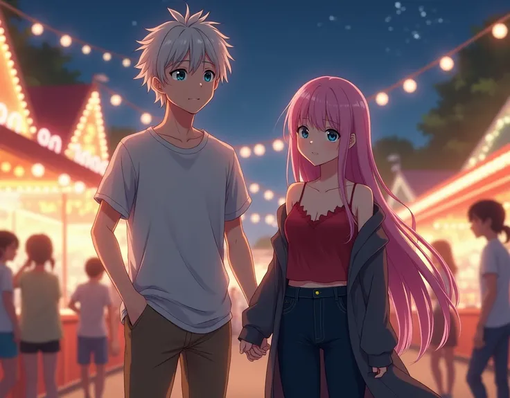   An 18-year-old anime couple   , anime To love ru,   soft lighting  ,  standing in front of a ball stand at a fair in a beautiful neighborhood,   There are people around you on a night with a sky with few stars ,  the man measures 1 ,71 cm,  has silvery-g...