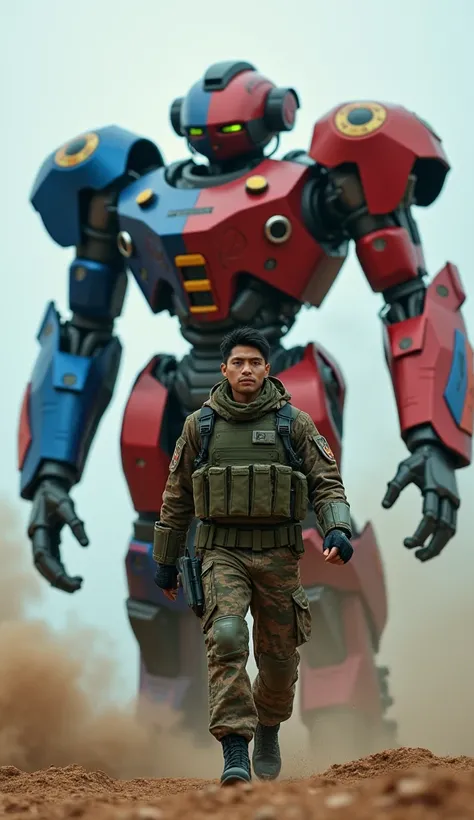 A Filipino soldier moving forward with a massive robot behind him. The robot shows metallic colors of blue, red, and yellow from the Philippine flag, featuring intricate designs inspired by Filipino symbols and modern technology. High resolution, high qual...