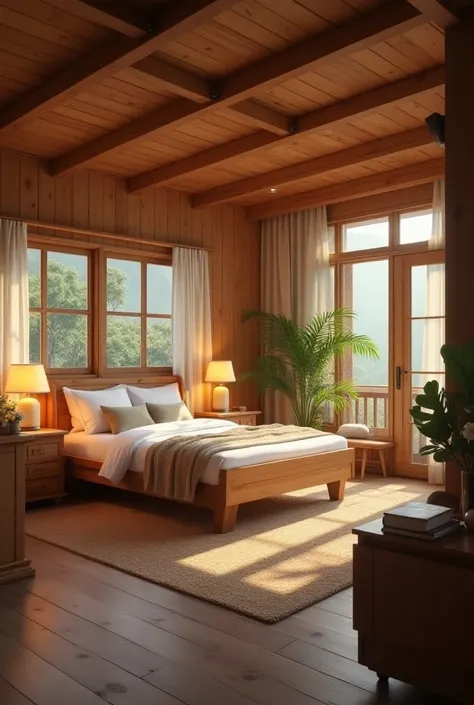 Real scene, vacation room, warm wooden style