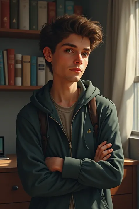 Young Ryan Cohen with Ambition in His Eyes
A young Ryan Cohen, looking determined and thoughtful, stands in a modest room with books, notebooks, and an old laptop, symbolizing his ambition despite a lack of resources. His face shows a mix of curiosity and ...