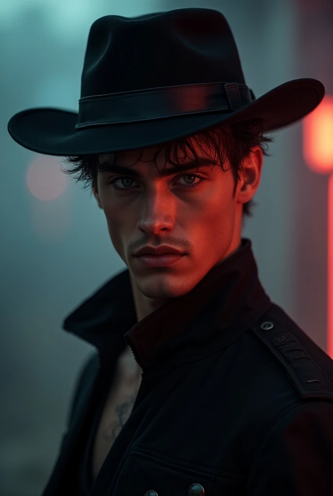 Beautiful man, handsome guy, handsome boy, hat, short clothes in cyberpunk style. Ultra-detailed. Haiper portrait. Imposto. Macro shot. 