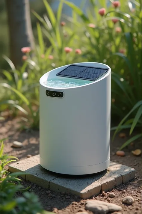 The small water cylinder, connected to Bluetooth, has a small touch screen and has a solar panel.