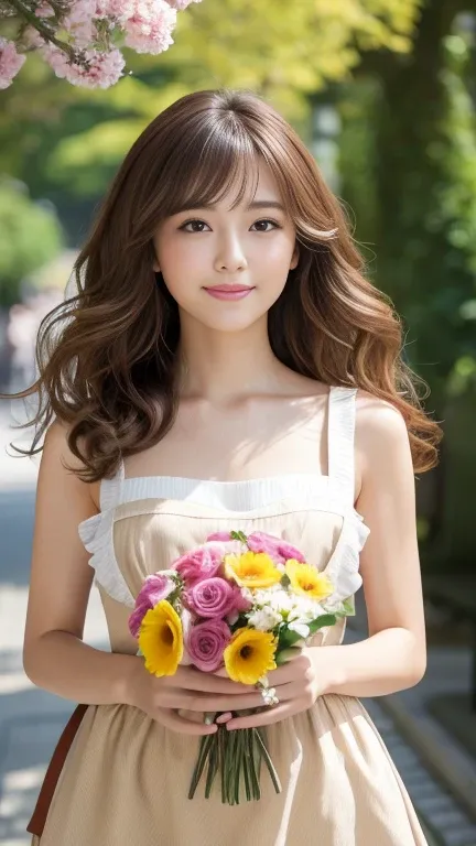 highest quality，masterpiece，超A high resolution，RAW Photos，One Girl，Loose perm hair、length、brown hair、Arms crossed、Japanese、Loose perm hair、length、brown hair、smile、Professional photography、Same skin type as humans、A woman dressed in Japan from head to toe、B...