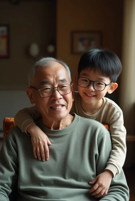 2 Korean men, father with crew cut hair and teenage boy with glasses, coma hairstyle. father sits in a chair, son stands behind with his hand on his fathers shoulder. smiling facing the camera.