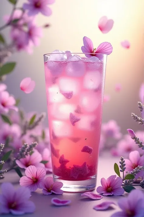 A refreshing, pink or lavender cold drink with floating edible flowers like hibiscus or lavender petals. Background has a soft, garden-inspired look with blooming flowers. Text: "Savor the Floral Freshness!"