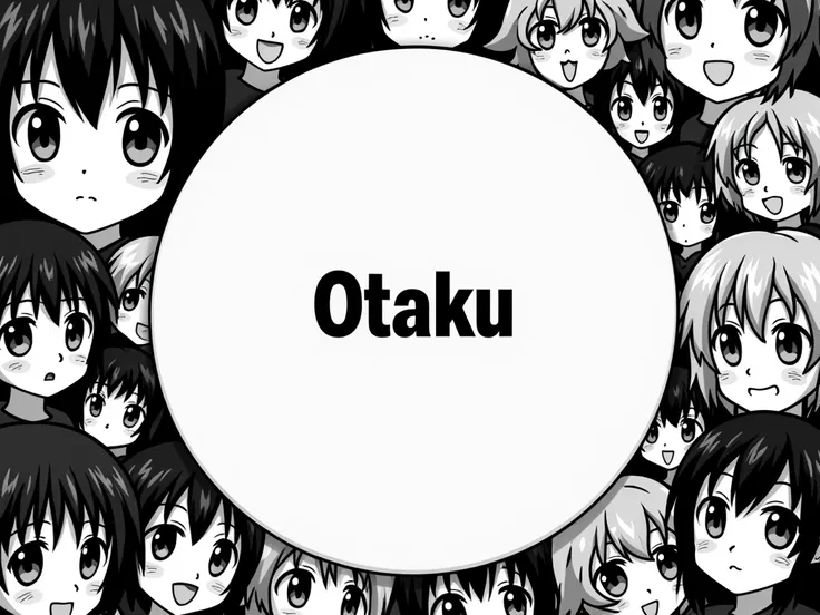  name Otaku gamer in the middle of the image with a white circle the name black with an Arial font,  around the screen in the corners various faces of anime characters in black and white , In the upper part they are upside down . The name came out only Ota...