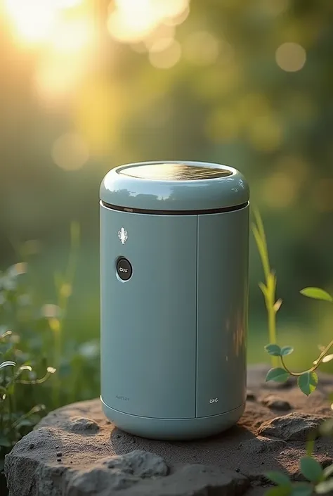 The small water cylinder, connected to Bluetooth, has a small touch screen and has a solar panel.