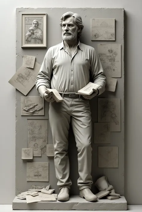  A sculpture with high relief of a person holding drawings 
