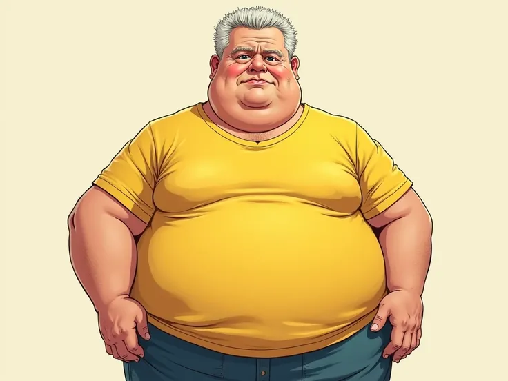 anime man wrinkled overweight in a yellow T-shirt