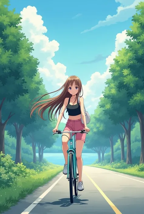 Beautiful anime girl cycling in a lake side road, long trees on other side, brown long hair flowing by the wind, pink short pant & black sleeveless tops weared by her, white shoe, a white bad in her bag, anime style 