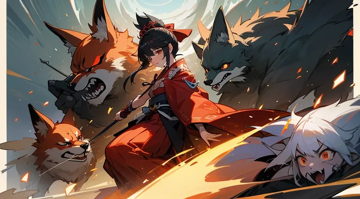 A group of samurai confronting a shrine maiden dressed as a fox spirit.　、battle　、Sacred fantasy style