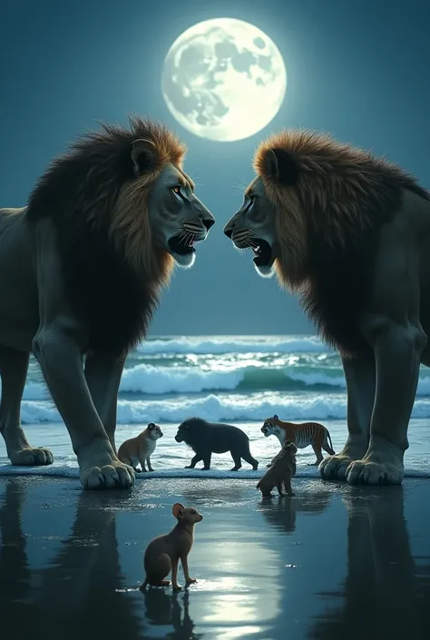 Draw a picture of lion facing each other and one is innocent and one is very rude both are needed full hair around head and are at sea shore at night full moon and sea has to touch their feet and want to clean blood around the rude lion and they have to be...