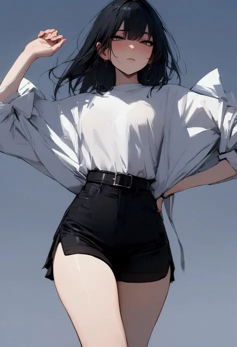 (masterpiece, best quality:1.2), 1 girl, alone, perfect boobs, white top, oversized, black shorts, tilt face, black hair