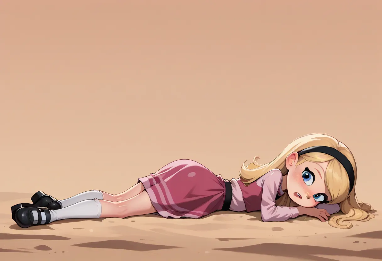 1girl, full body, solo, penny peterson, long hair, blue eyes, freckles, blonde hair, shirt, skirt, hairband, black hairband, whi...