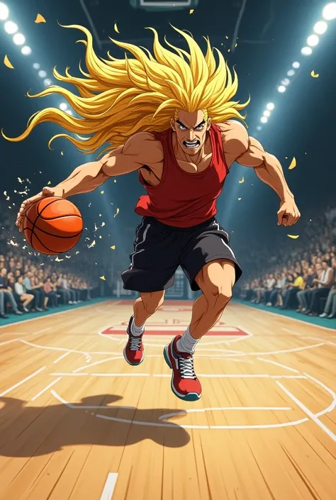 Anime man with long yellow hair playing basketball teleporting on the court 
