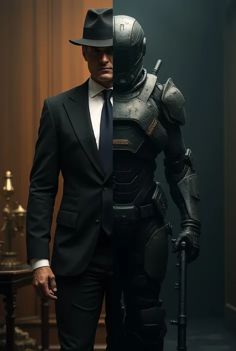 A gentleman with gentleman clothes half photo. While other half has weapons and battle suit. What i mean was whole photo half half splitted.