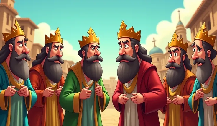 5.	Cartoon of local leaders despising divine laws and behaving with arrogance and corruption..In biblical times 
. create in CLOSE UP AND Disney , Pixar e Cartoon