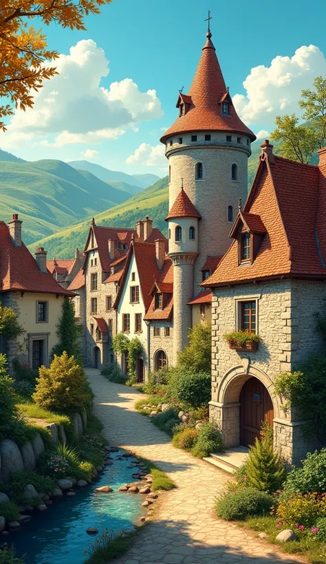 An illustration of medieval architecture and countryside with bright colors and a historic ambiance, symbolizing the birthplace of Jeanne dArc.