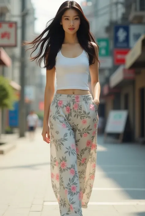 Cinematic photorealistic of a beautiful Asian woman with smooth white skin, perfectly groomed face, brown eyes, 38 inch breast size, long black hair flowing freely, walking like a model on the street, wearing white shoes , wearing a long white round tank t...