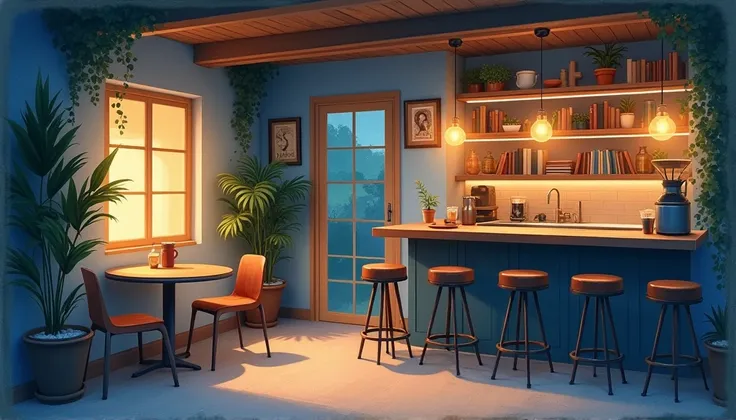  fuzzy watercolor building illustration、Inside a coffee shop at night、カウンターseatが６seat、Using Soft Colors 、Soft lighting、 record flowing atmosphere 、 attic atmosphere、There is a bookshelf、