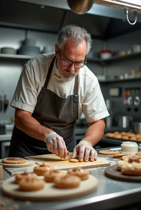 A slim 50-year-old man with beard and hair, pepper and salt, preparing cookies in his pastry laboratory.