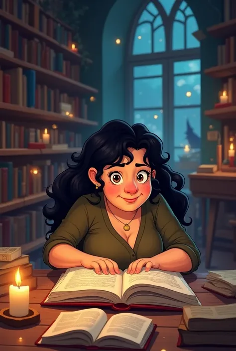  Cartoon of a woman studying for a contest, 40 years, black hair, Long and curly,  brown eyes , nose a little wide, More square face, small bust, overweight,  in a magical library  