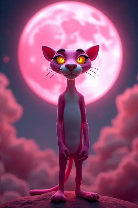 Pink panther with the pink moon standing with dazzling eyes
