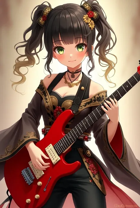 Anime woman with greenish yellowish eyes and dark curly blond hair with pretty chenese  and japanese like clothes, playing a red colored electric guitar 
