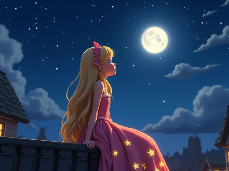 image of a girl for a YouTube video story in Pixar format with long blond hair,  dressed in a beautiful dress decorated with stars.  She is sitting on the balcony of her house , Looking at the night sky , surrounded by bright stars .  Moonlight and clouds ...