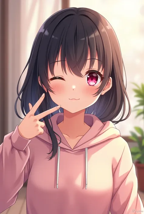 anime style, 1 girl has pink eyes, black hair, smile, (kawaii:1.33),(depth of field), (flat chest), delicate,refined,serene,adorable,correct anatomy,BREAK, ultra-detailed, Wearing a hoodie, Pointing forward, smiling and winking