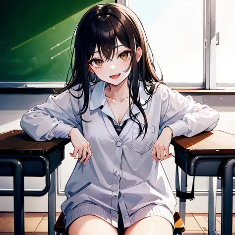  anime girl  sitting at a desk with her legs crossed, Beautiful anime high school student , Cute girl anime visuals,   anime mode art style ,  smooth animation G Art , a hyperRealistic schoolgirl, seductive  anime girl , hyperRealistic schoolgirl, young  a...