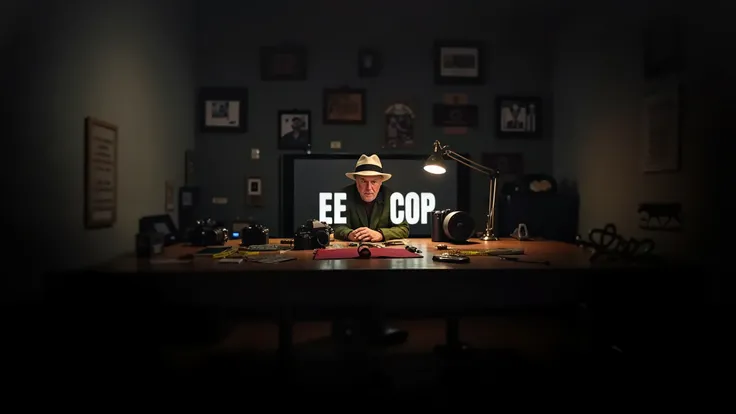 The scene centers around an older man, likely a retired officer or detective, seated behind a desk, exuding a classic detective aura with his signature fedora hat. His face is partially hidden, adding a layer of mystery, as the shadow from his hat obscures...