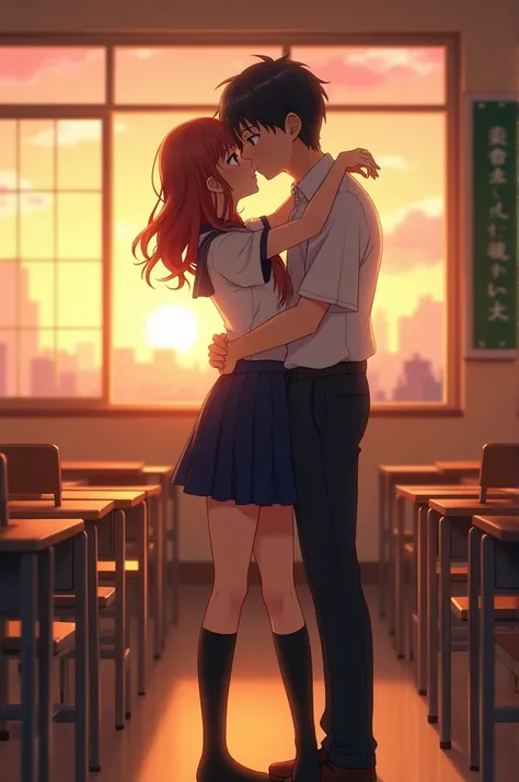 Anime girl with Japanese uniform is kissing and hugging her brother in class at sunset 