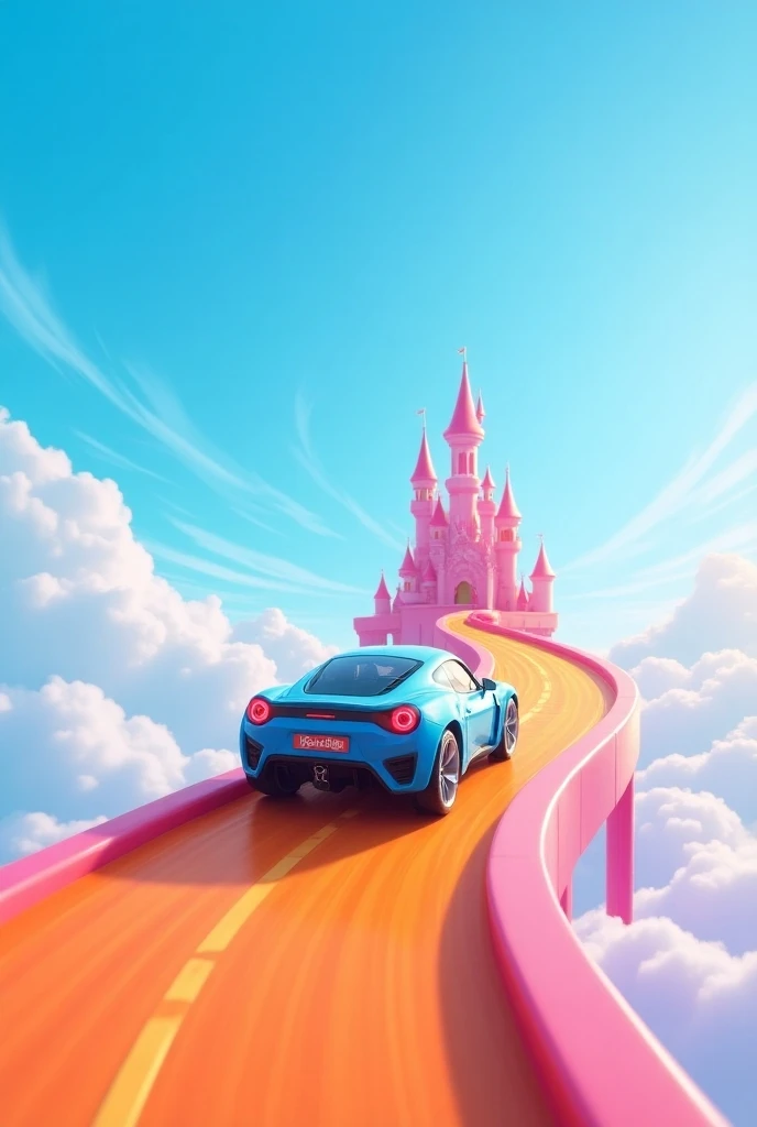  a scenery with a large blue sky area with few clouds of a princess castle in pink and a road-like path in orange leaving a car in the color blue, Hot Wheels style at high speed looping on the road 