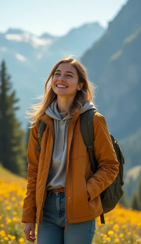  A smiling woman outdoors ,  perhaps in a vibrant and natural landscape  (como uma montanha, a field or a beach). She seems free and carefree ,  holding something that represents adventure ,  like a backpack or a compass ,  symbolizing the Sagittarian spir...