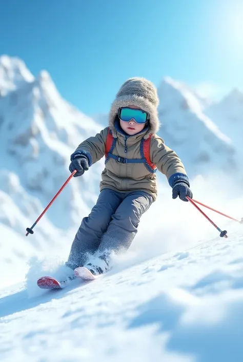 Boy skiing down the mountain close-up 