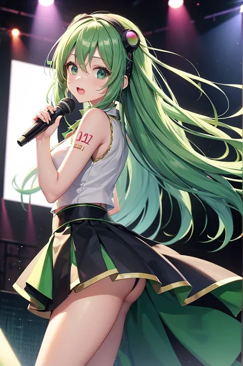 Vocaloid, k pop star, adorable beautiful woman, long vocaloid ears, pleated skirt, pop star dancing, on stage, green hair