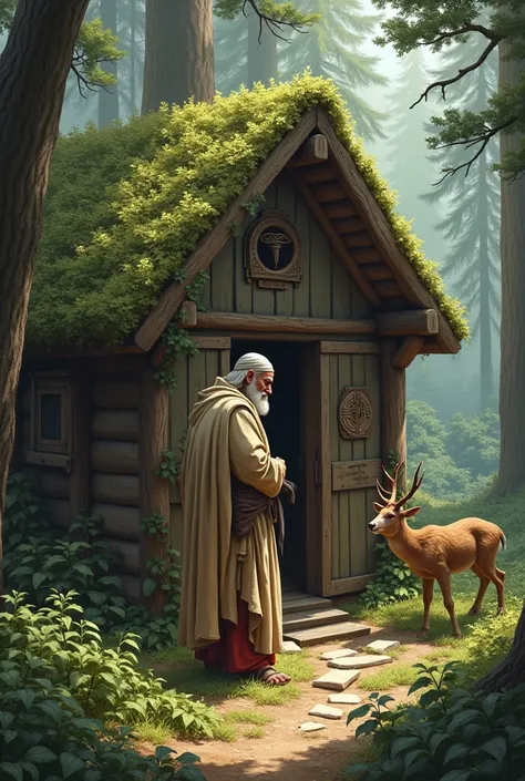 A man in Hebrew clothing building a cabin and a deer watches him behind a bush