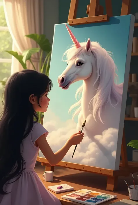 A girl with long dark hair draws a unicorn on an easel