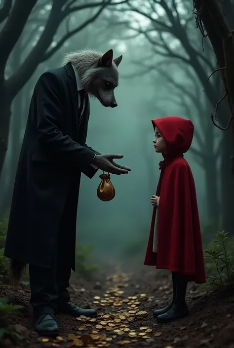 The wolf offering money to Little Red Riding Hood